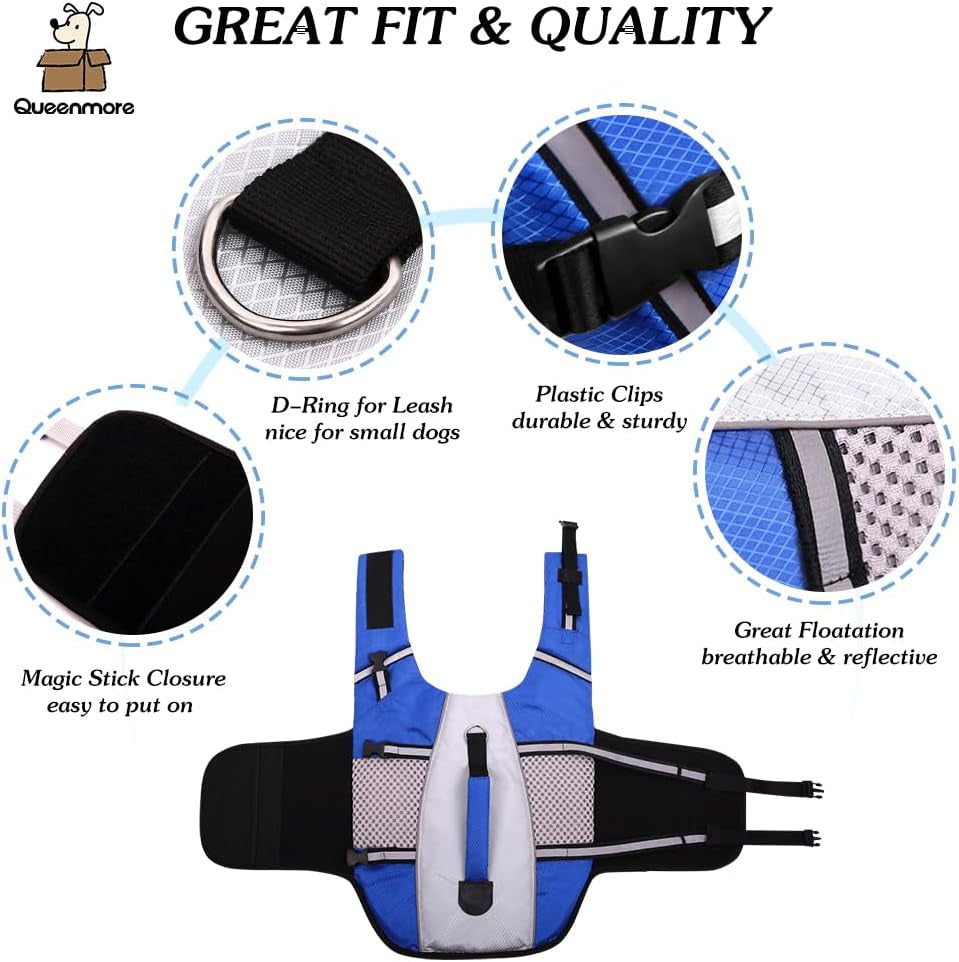 Dog Life Jacket Swimming Vest Lightweight High Reflective Pet Lifesaver with Lift Handle, Leash Ring Blue,S