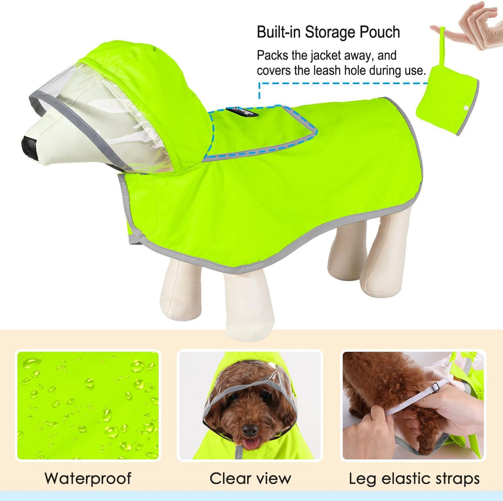 Dog Raincoat, Waterproof Rain Jacket, Clear Hood & Reflective Rim