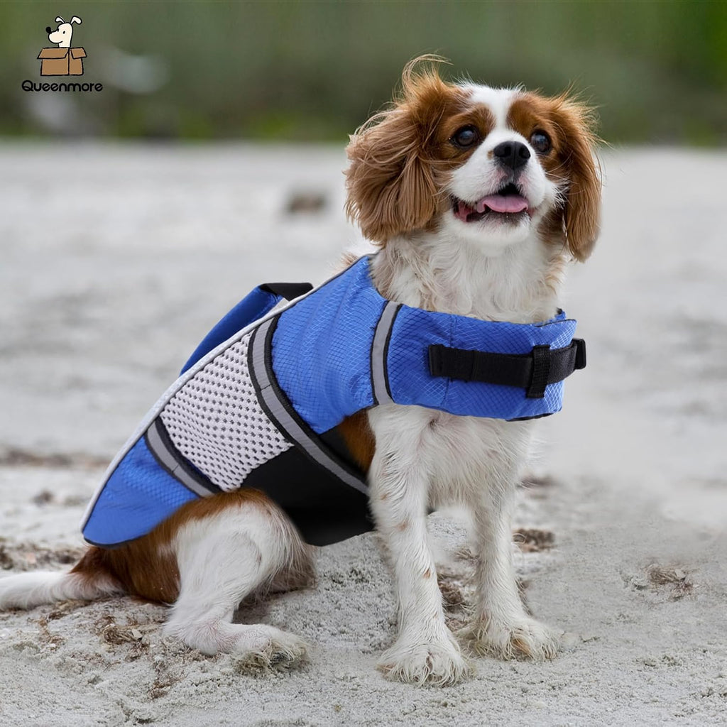 Dog Life Jacket Swimming Vest Lightweight High Reflective Pet Lifesaver with Lift Handle, Leash Ring Blue,S