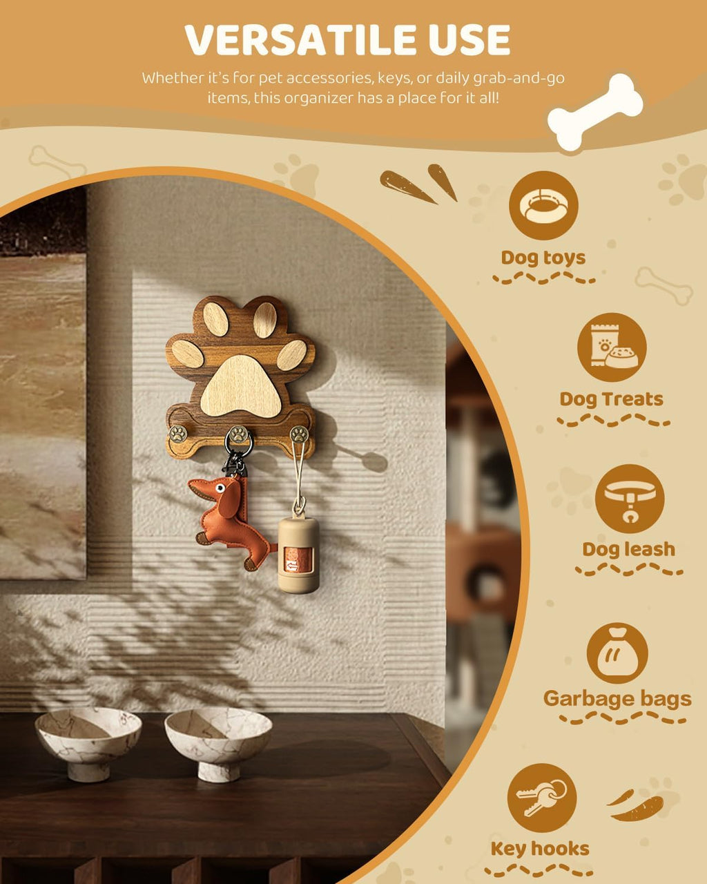 Dog Leash Holder for Wall for Dog Walking Essentials Organizer,Brown