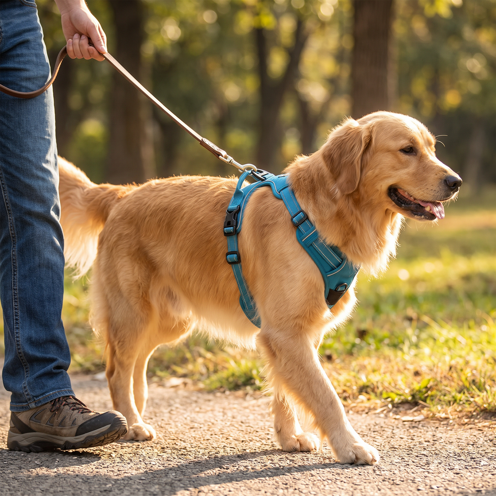 Golden retriever wearing the Reflective No-Pull Harness on an outdoor walk