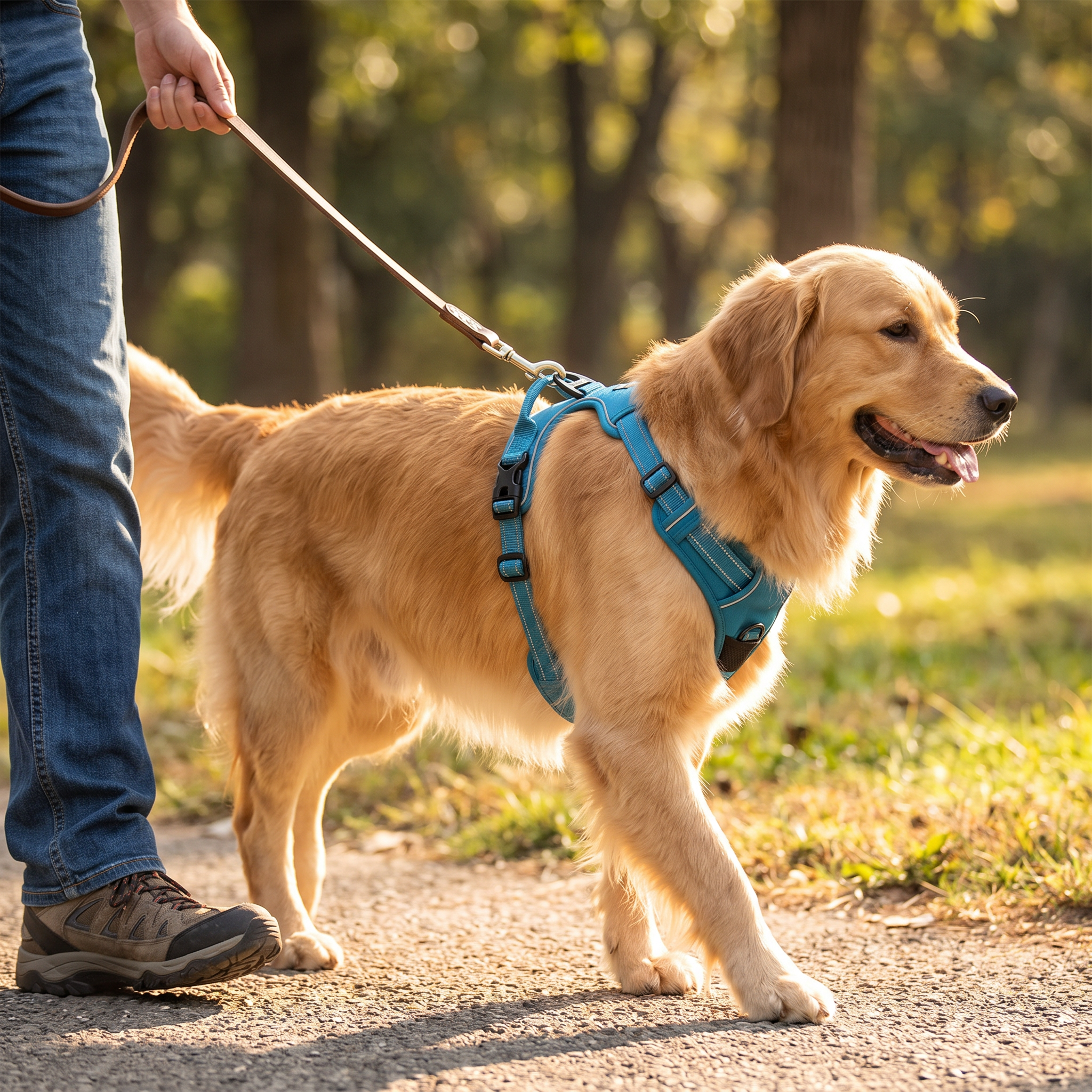 Golden retriever wearing the Reflective No-Pull Harness on an outdoor walk