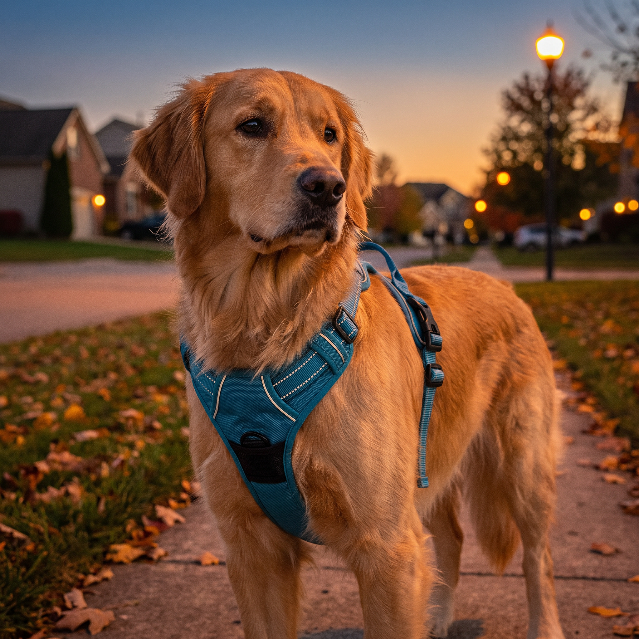 Dog wearing the Reflective No-Pull Harness at dusk showing reflective webbing