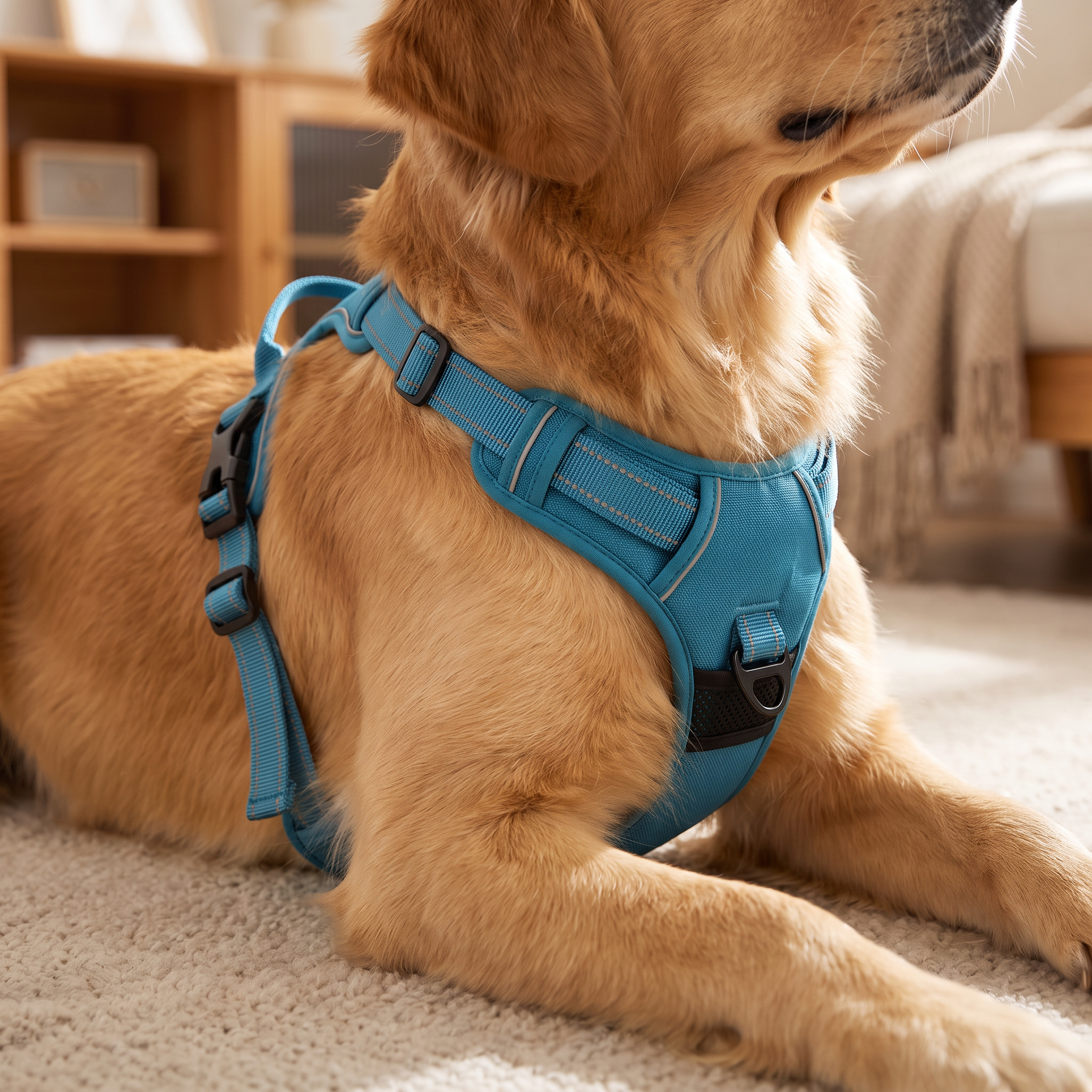 Close-up of the Reflective No-Pull Harness padded chest and mesh lining
