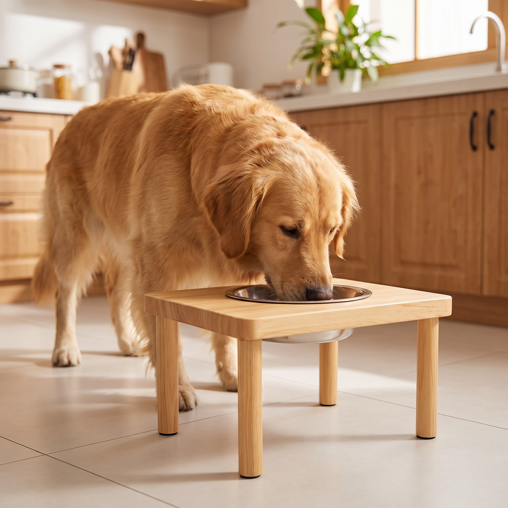 Golden retriever eating from the Adjustable Wood Feeder Stand in a home kitchen