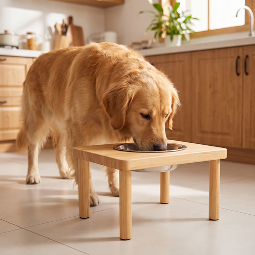 Golden retriever eating from the Adjustable Wood Feeder Stand in a home kitchen