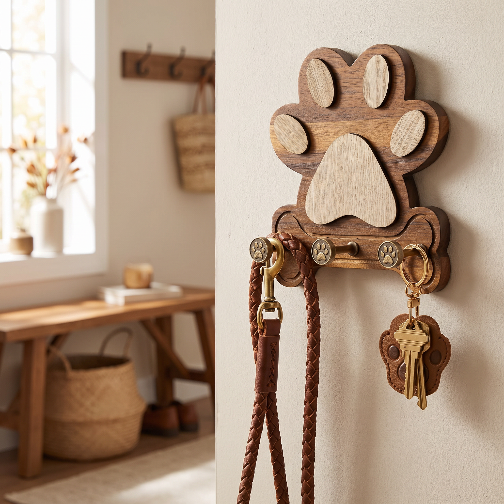Acacia Wood Leash Holder mounted in an entryway with a leash and keys hanging