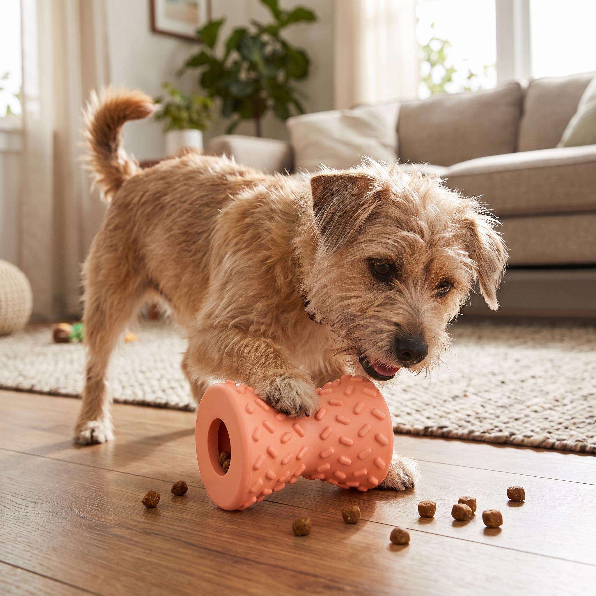 Small dog playing with the Treat-Dispensing Puzzle Toy indoors