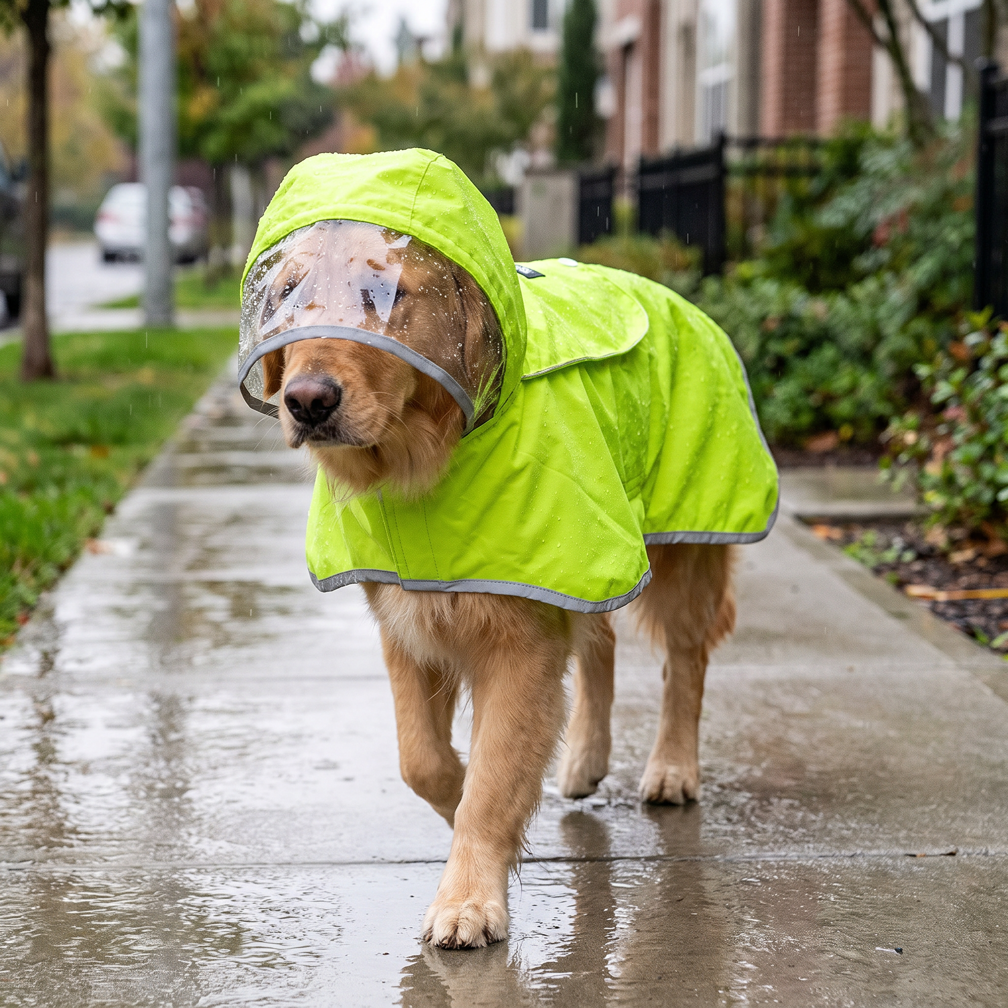 Dog wearing the Waterproof Dog Raincoat on a rainy walk