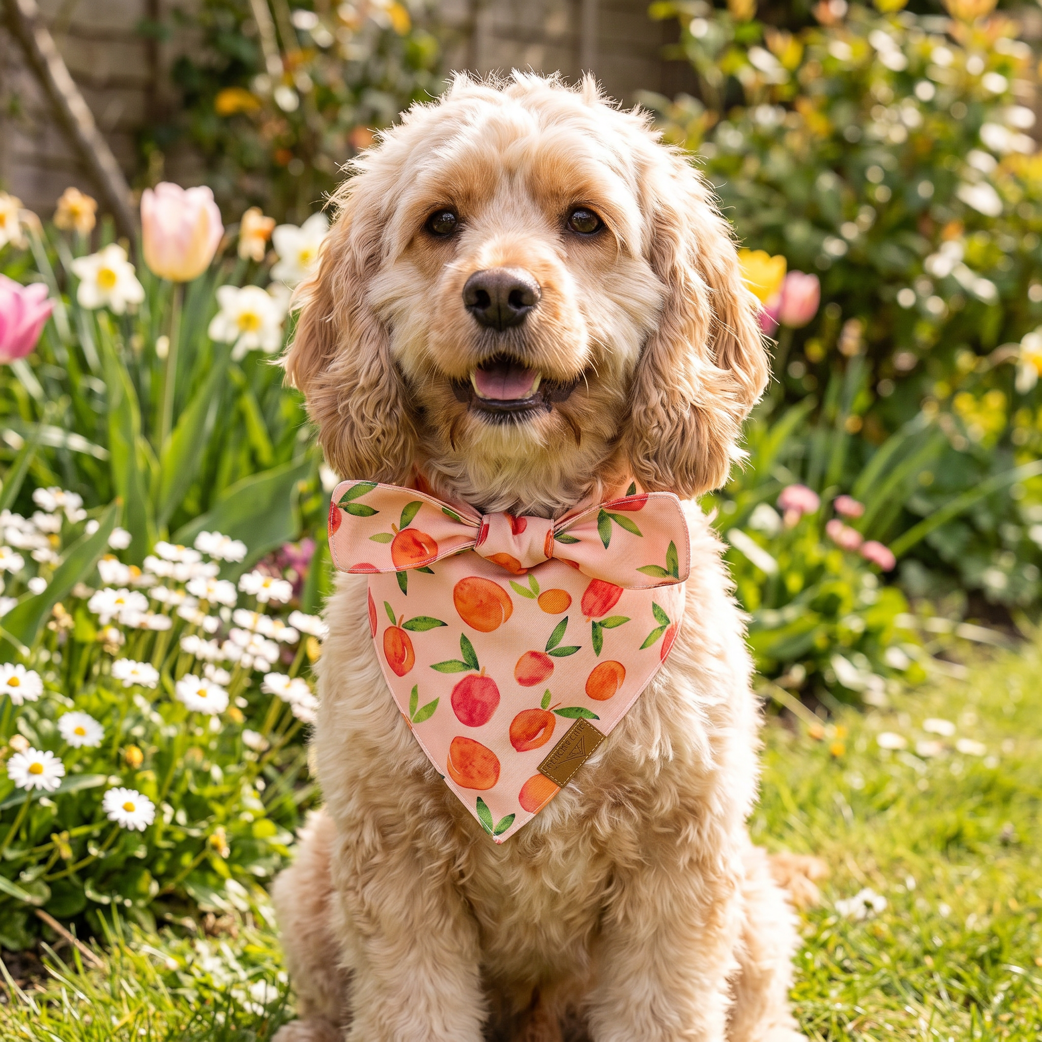 Small dog wearing the floral spring bandana outdoors