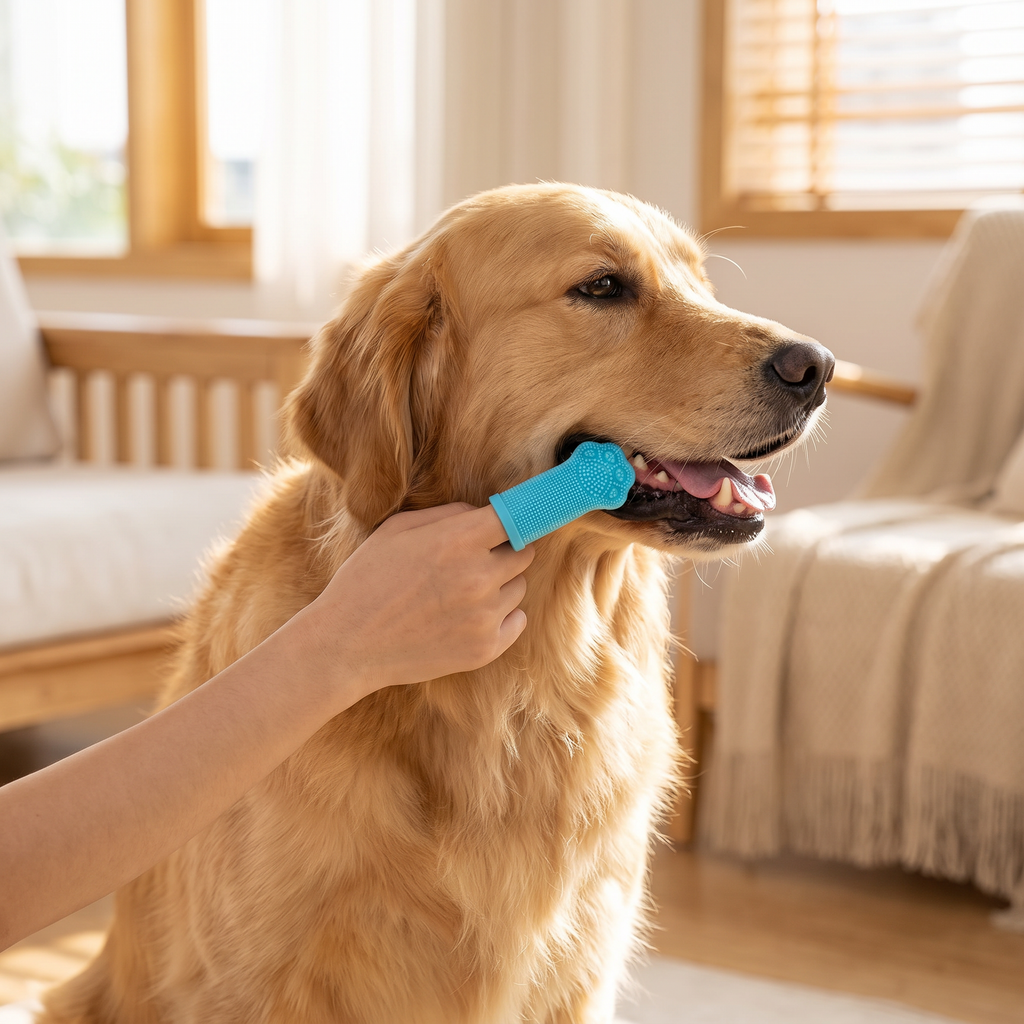 Brushing a dog's teeth with the Silicone Finger Toothbrush