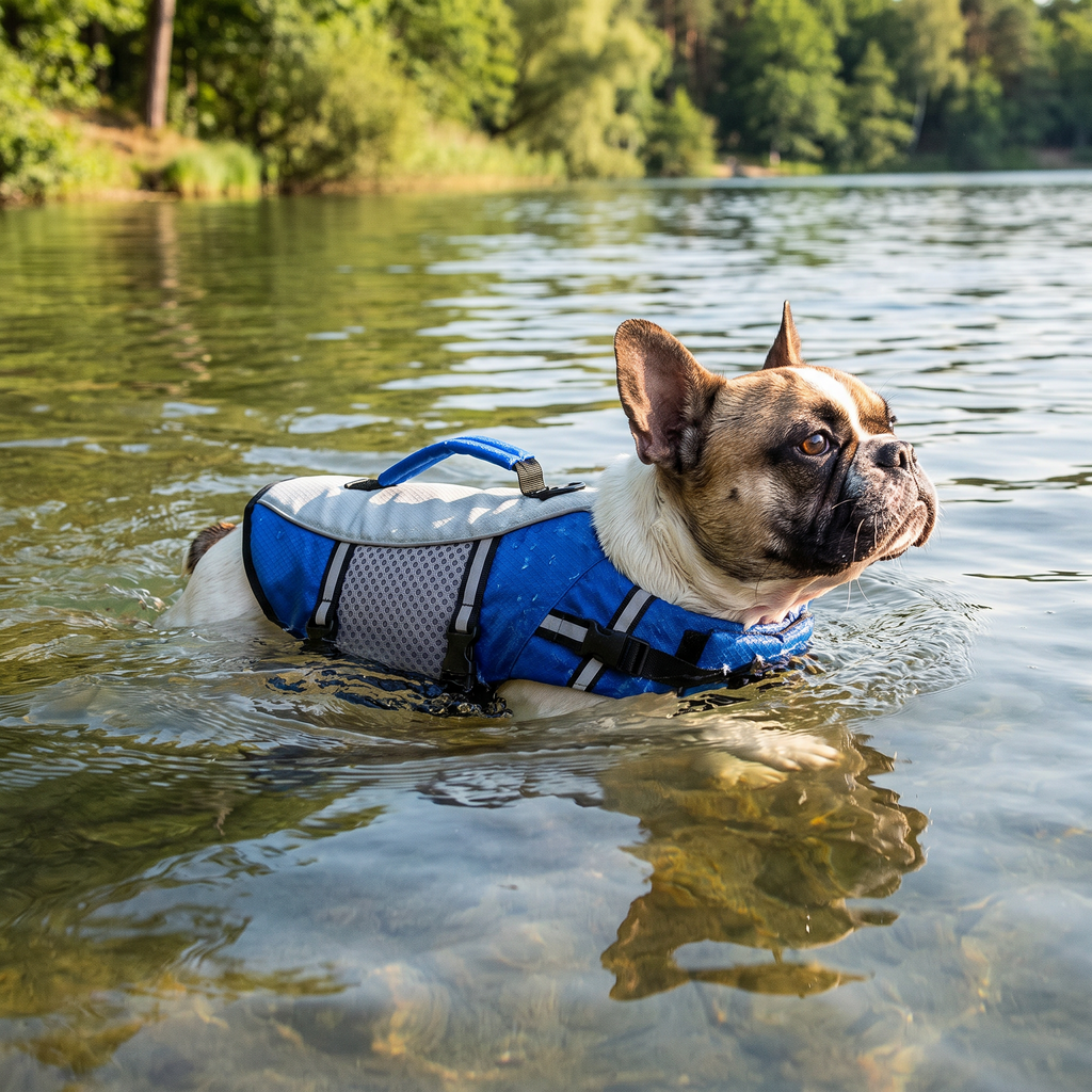 Dog swimming while wearing the Reflective Dog Life Jacket