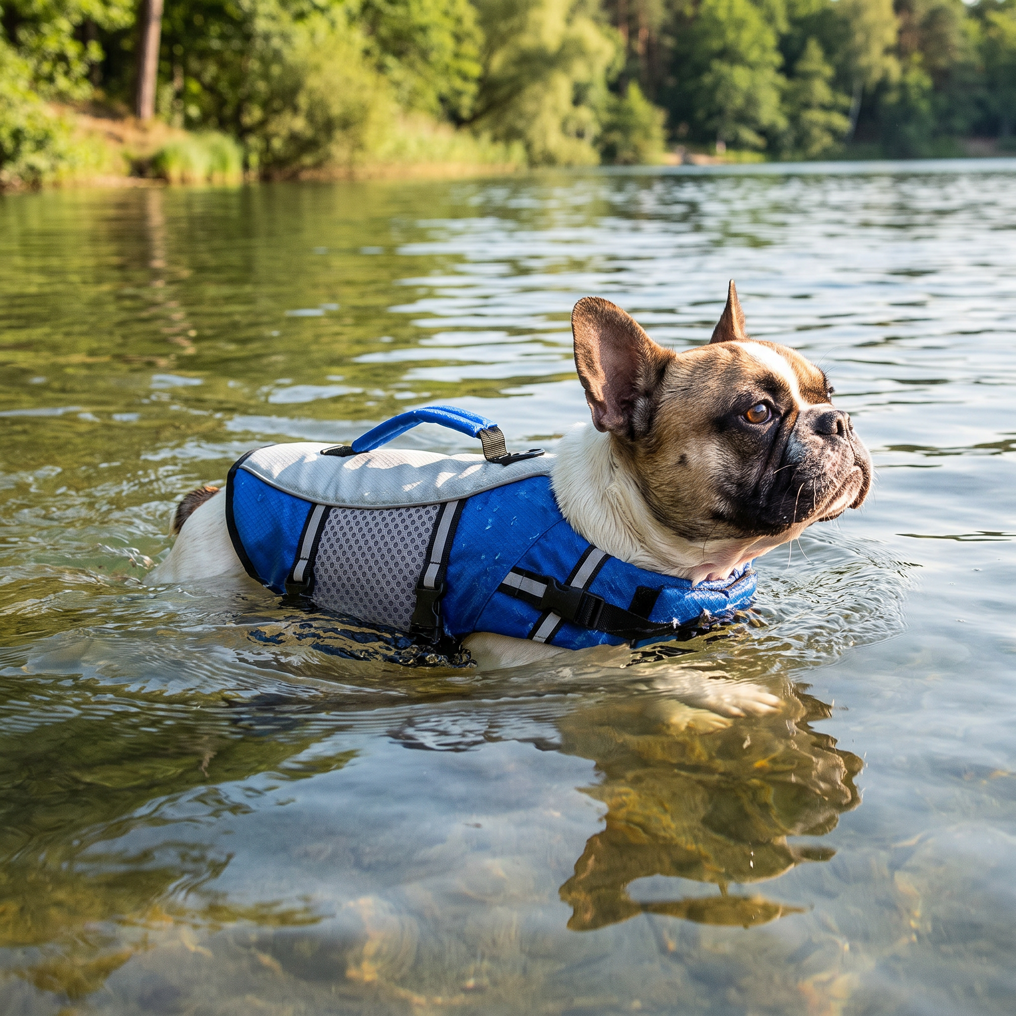 Dog swimming while wearing the Reflective Dog Life Jacket