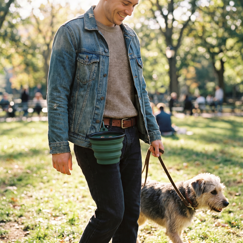 Person walking dog with treat pouch clipped to belt