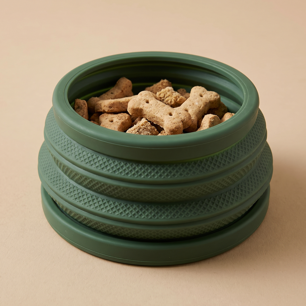 Close-up of collapsible silicone treat cup filled with dog treats