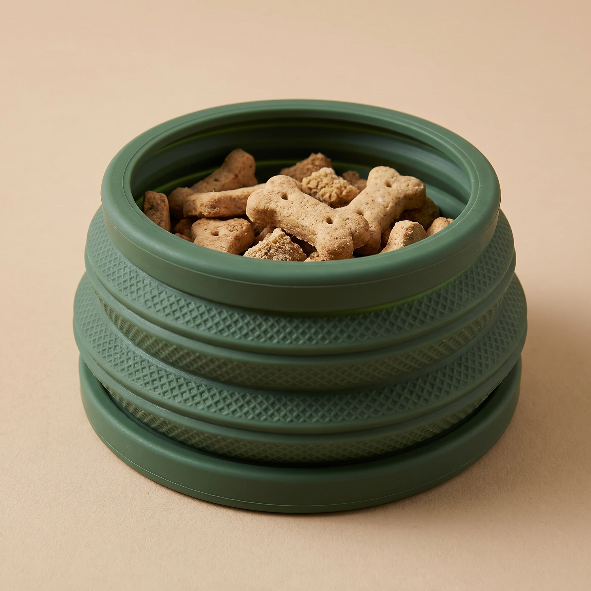 Close-up of collapsible silicone treat cup filled with dog treats
