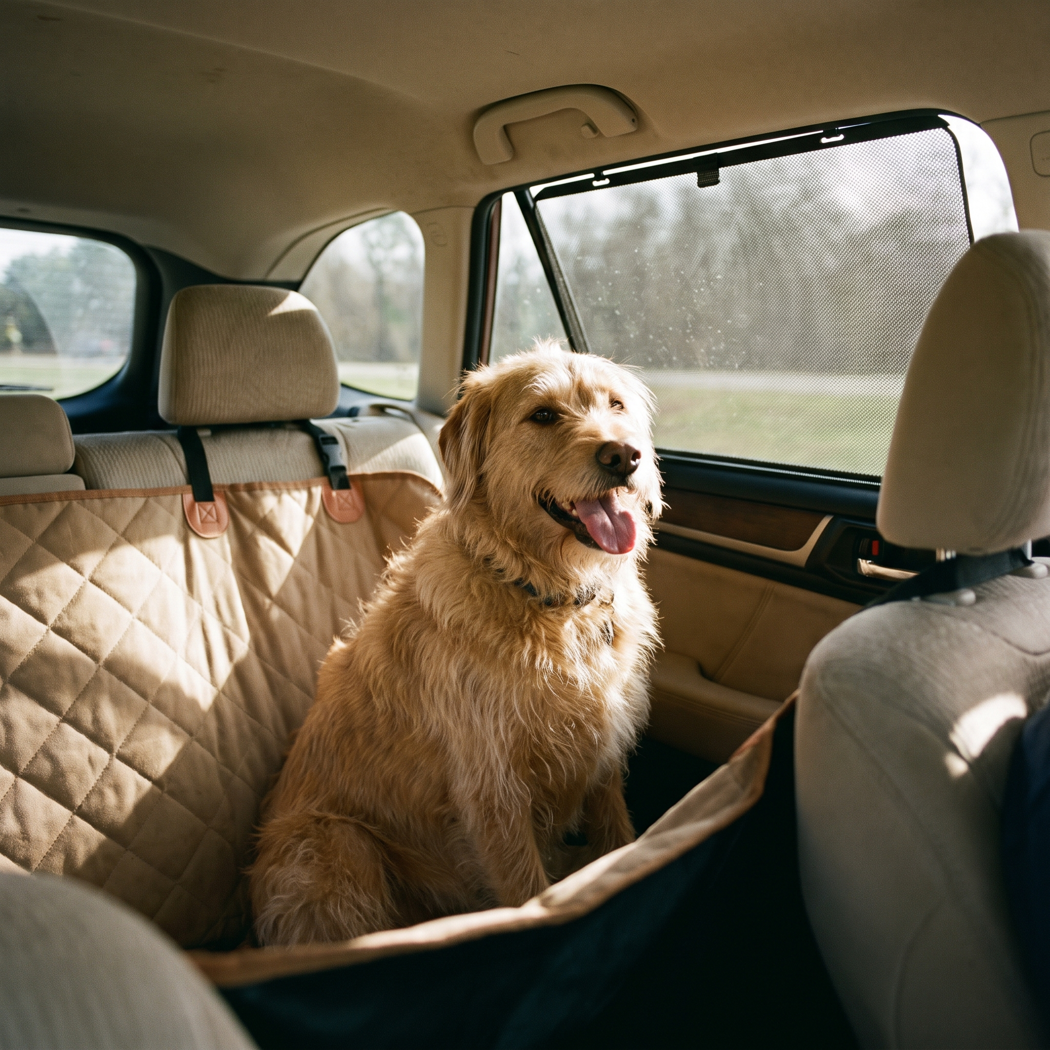 Dog sitting on car hammock cover with mesh window