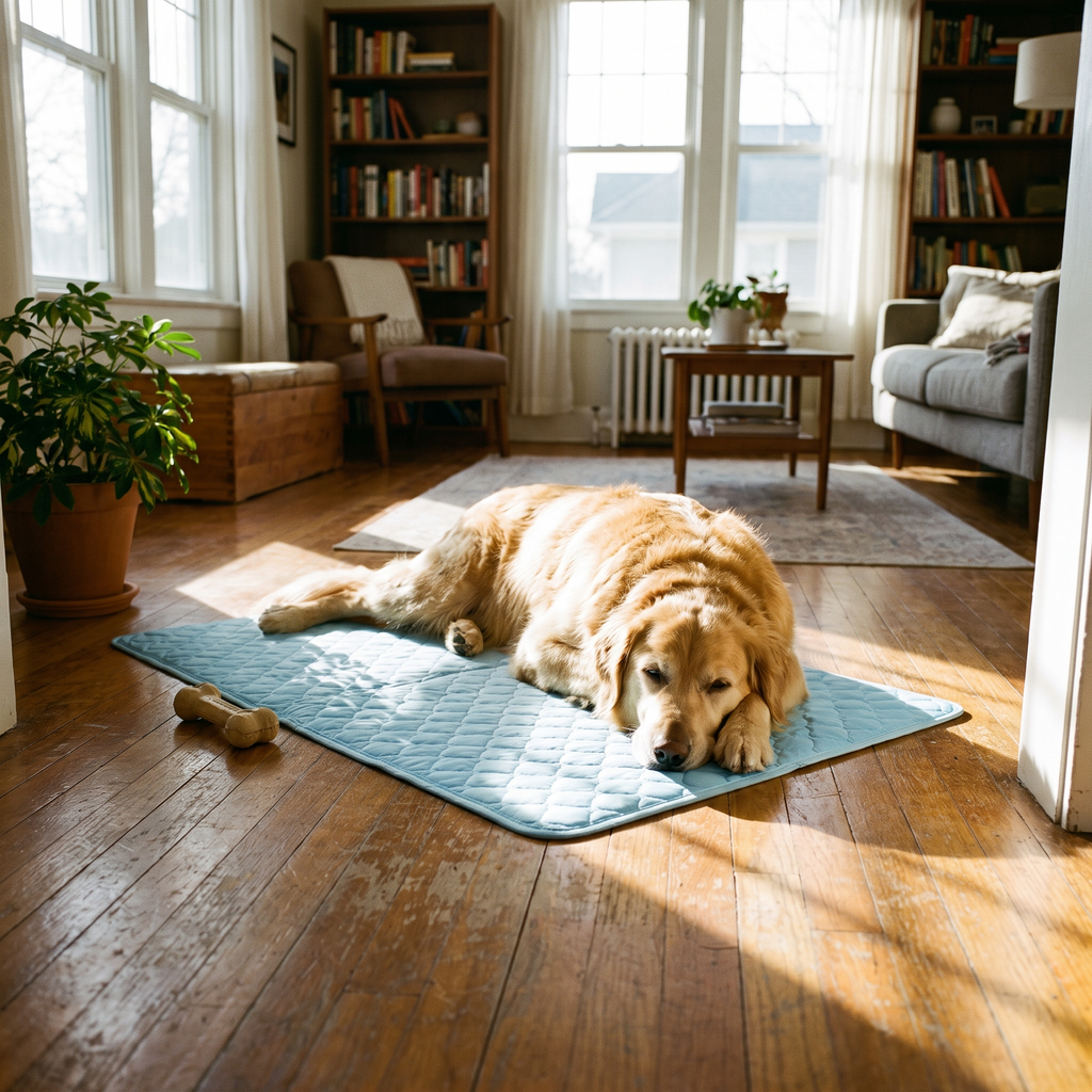 Dog resting on cooling mat in sunny room