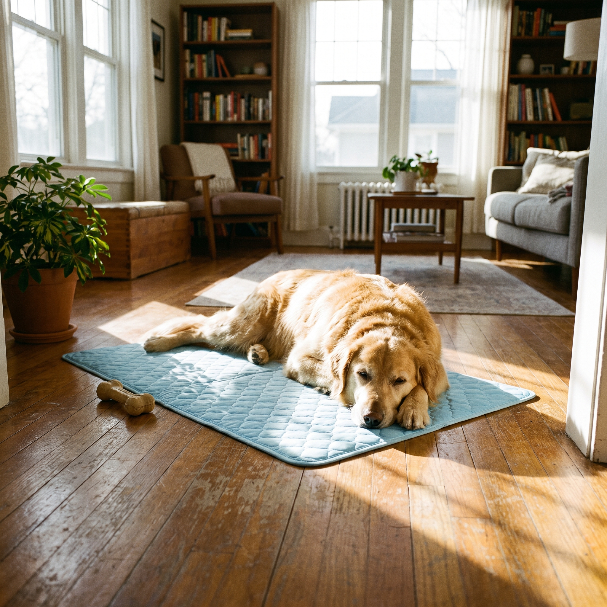 Dog resting on cooling mat in sunny room