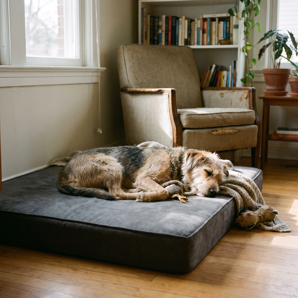 Dog sleeping on memory foam bed in living room