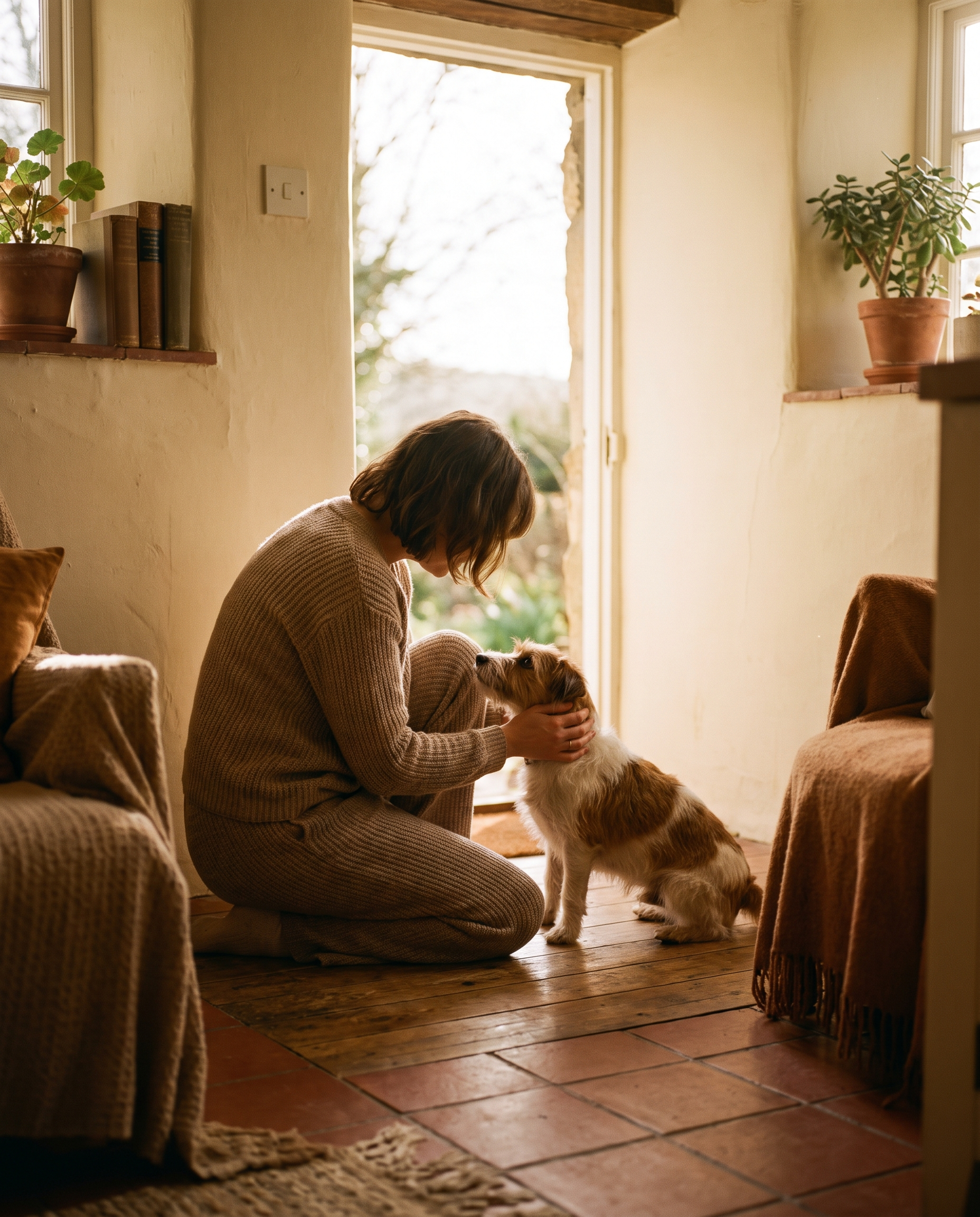 Person petting a dog in a sunlit doorway at home