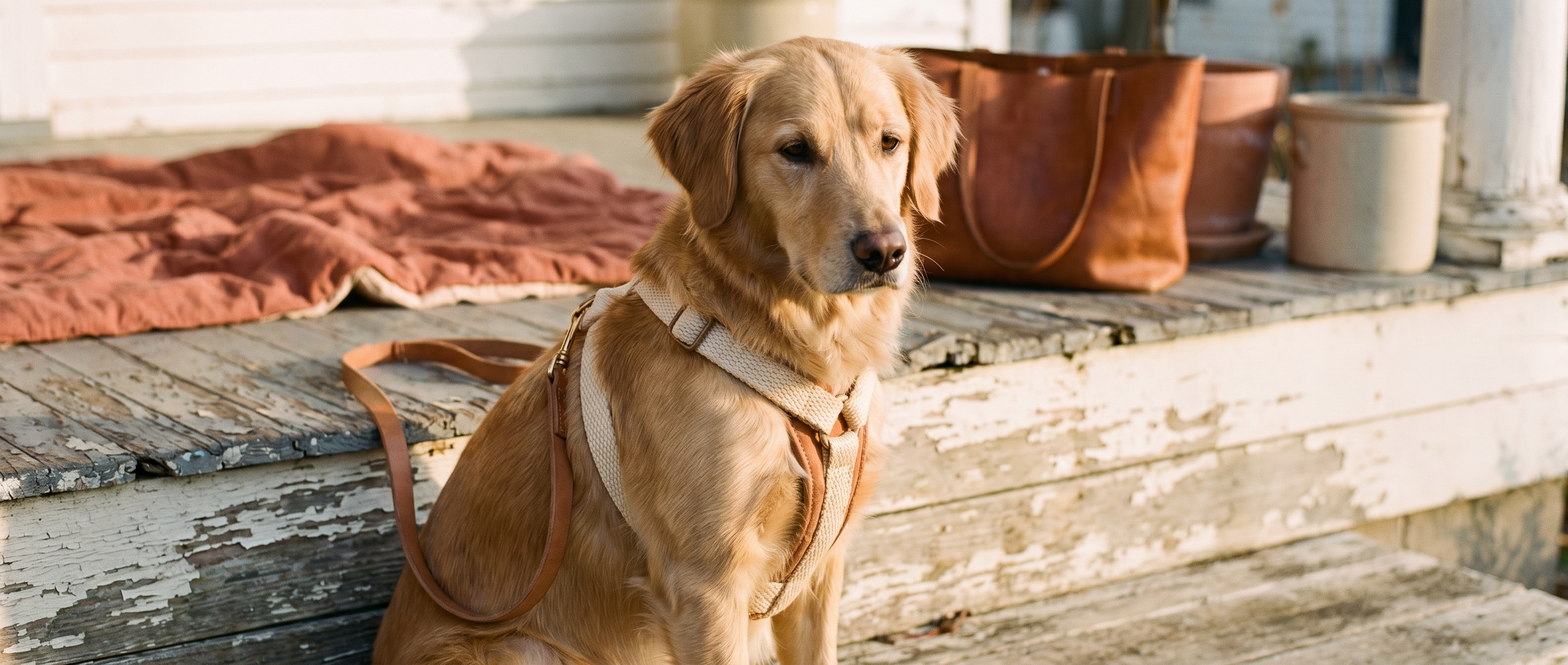 Dog sitting on a wooden porch at golden hour