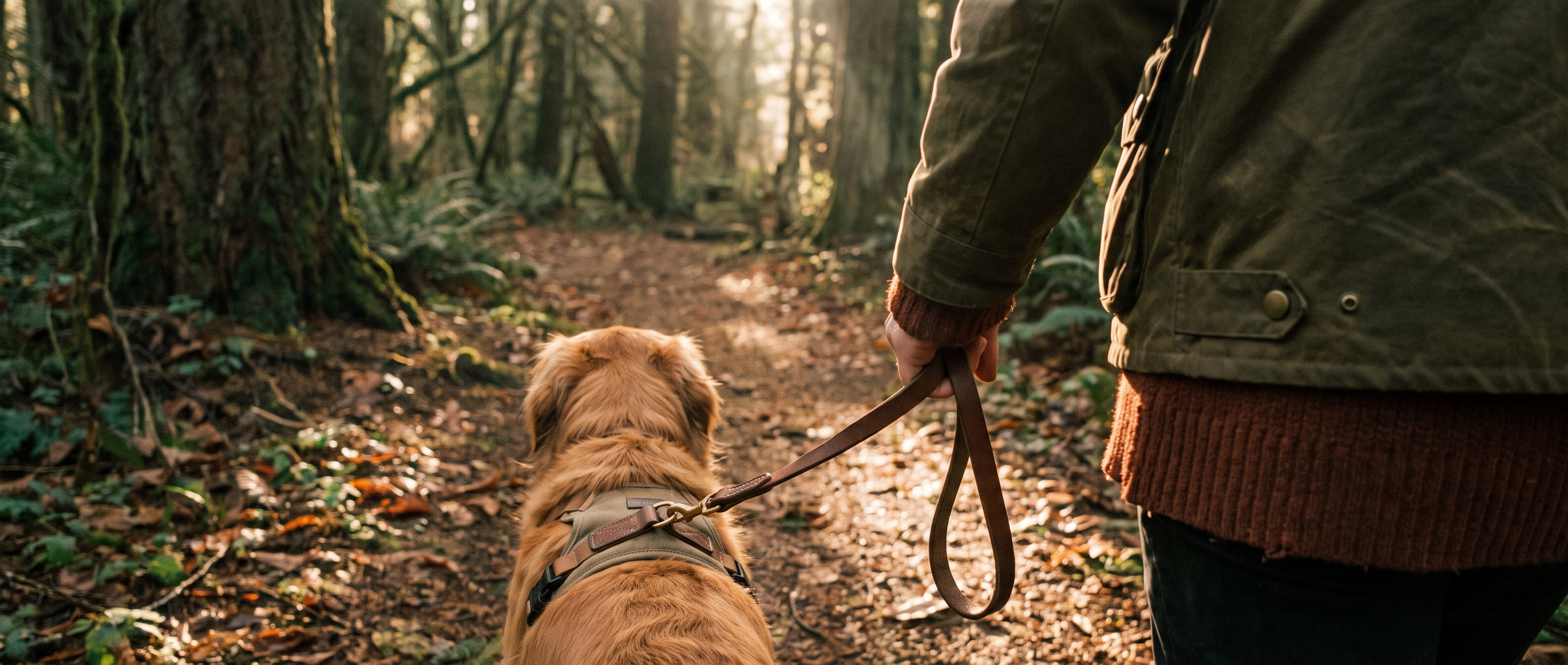 Dog and owner walking on a forest trail